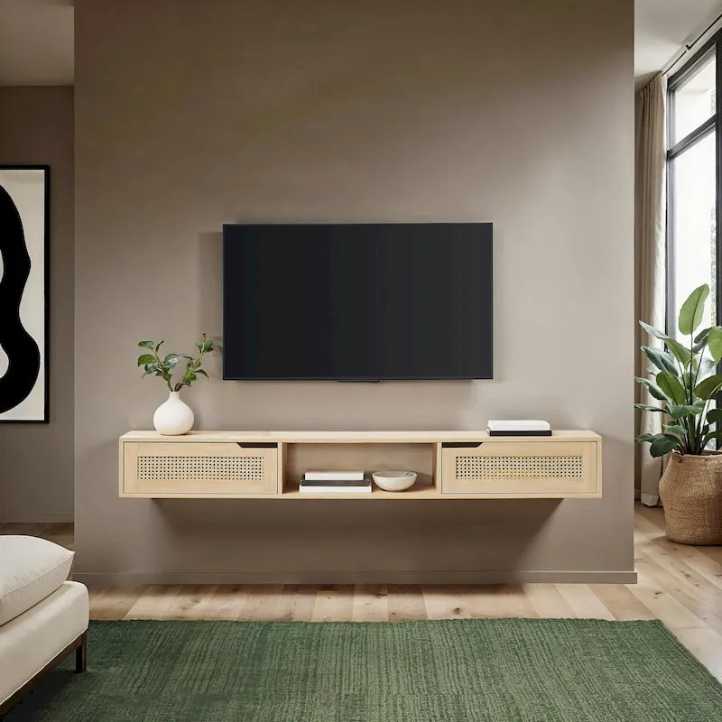 Meuble TV mural flottant Scandi 178 cm avec portes en similicuir tressé
