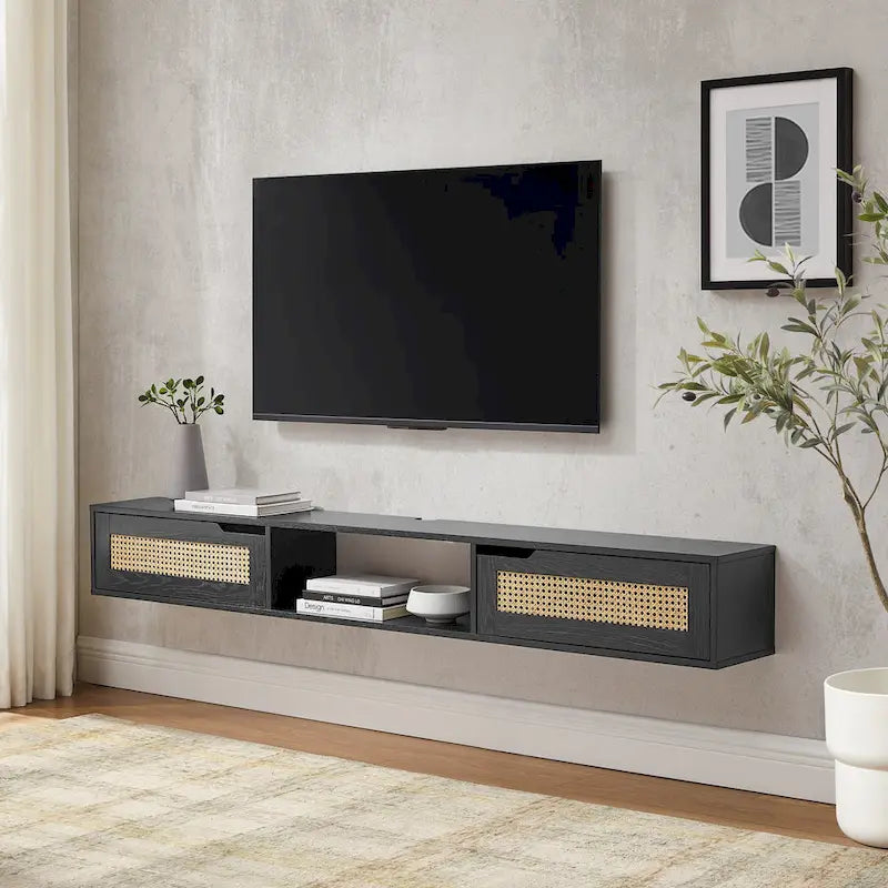 Meuble TV mural flottant Scandi 178 cm avec portes en similicuir tressé