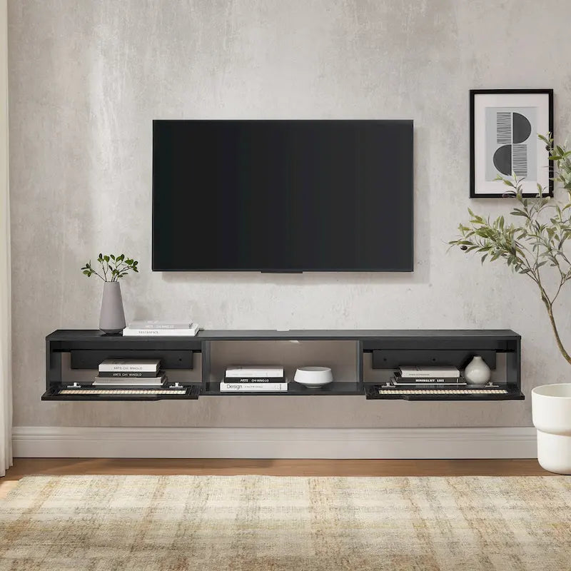 Meuble TV mural flottant Scandi 178 cm avec portes en similicuir tressé