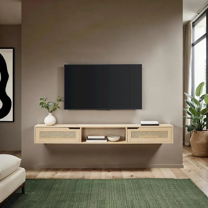 Meuble TV mural flottant Scandi 178 cm avec portes en similicuir tressé
