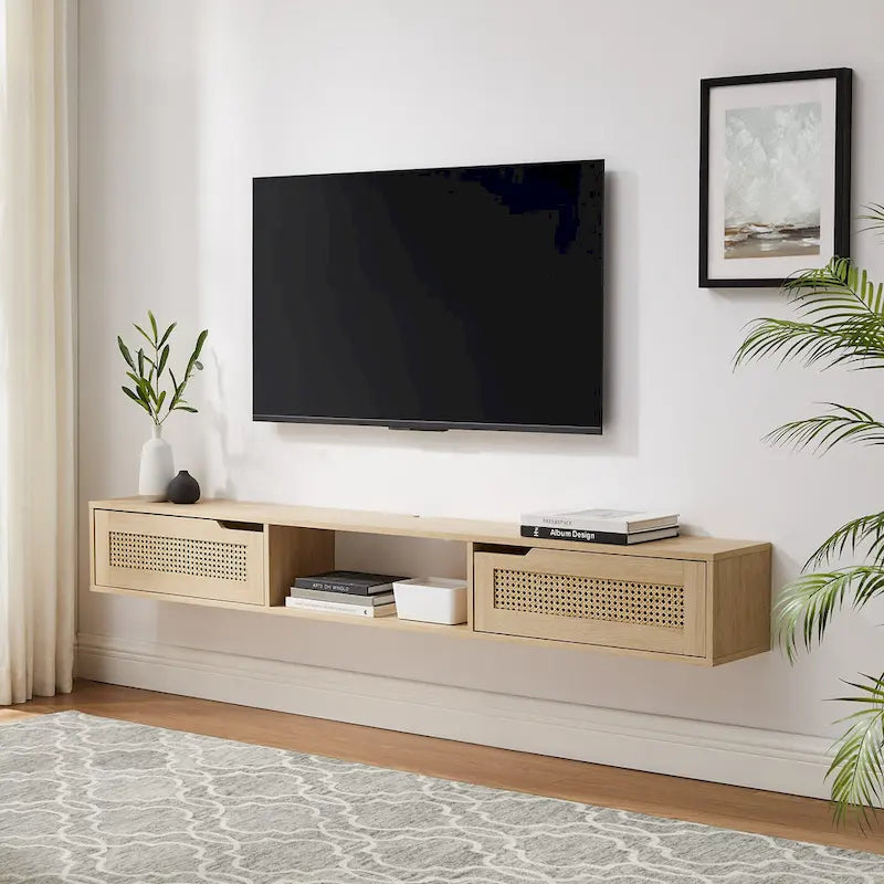 Meuble TV mural flottant Scandi 178 cm avec portes en similicuir tressé
