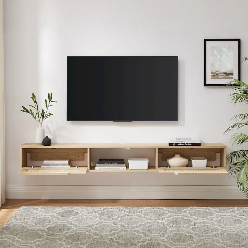 Meuble TV mural flottant Scandi 178 cm avec portes en similicuir tressé