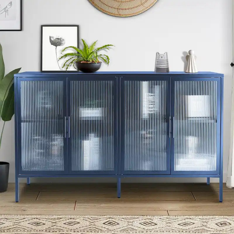 Bahut de cuisine 4 portes vitrées en verre trempé avec étagères et pieds réglables, anti-basculement, anti-poussière, en verre cannelé