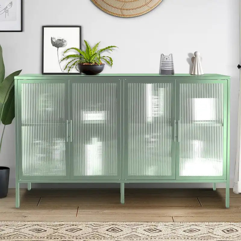 Bahut de cuisine 4 portes vitrées en verre trempé avec étagères et pieds réglables, anti-basculement, anti-poussière, en verre cannelé