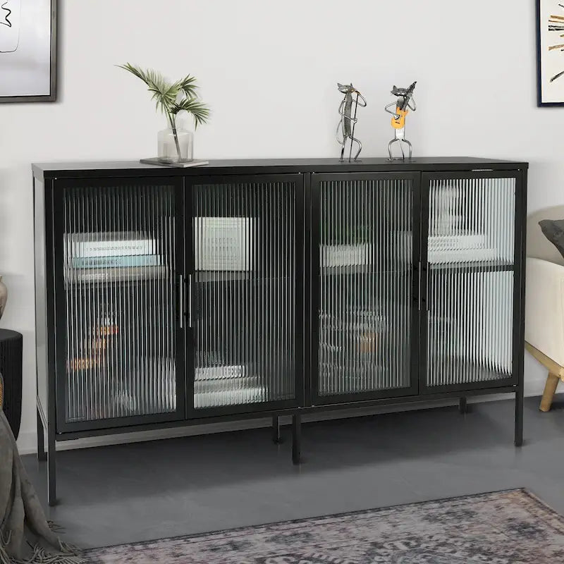 Bahut de cuisine 4 portes vitrées en verre trempé avec étagères et pieds réglables, anti-basculement, anti-poussière, en verre cannelé