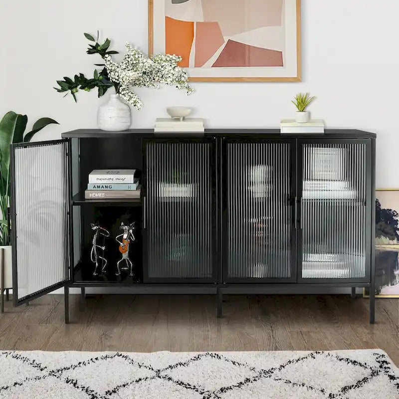 Bahut de cuisine 4 portes vitrées en verre trempé avec étagères et pieds réglables, anti-basculement, anti-poussière, en verre cannelé