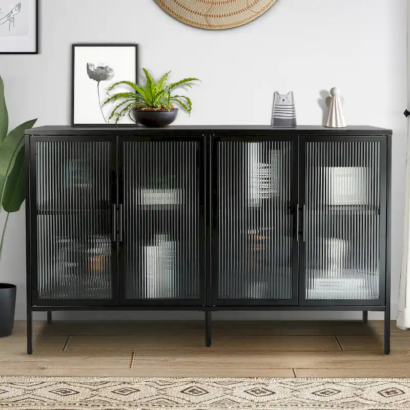 Bahut de cuisine 4 portes vitrées en verre trempé avec étagères et pieds réglables, anti-basculement, anti-poussière, en verre cannelé
