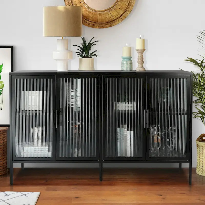 Bahut de cuisine 4 portes vitrées en verre trempé avec étagères et pieds réglables, anti-basculement, anti-poussière, en verre cannelé
