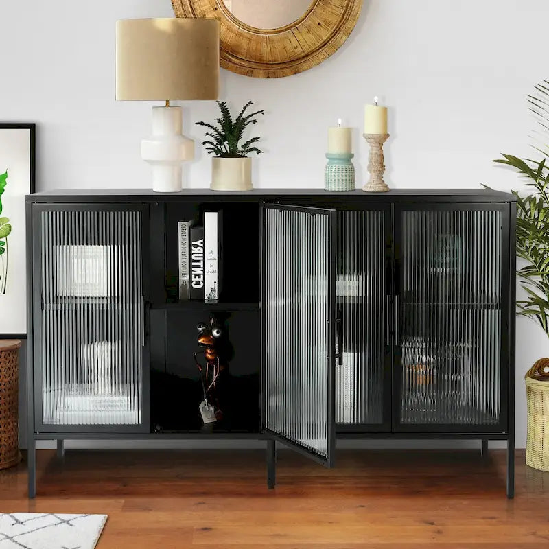 Bahut de cuisine 4 portes vitrées en verre trempé avec étagères et pieds réglables, anti-basculement, anti-poussière, en verre cannelé