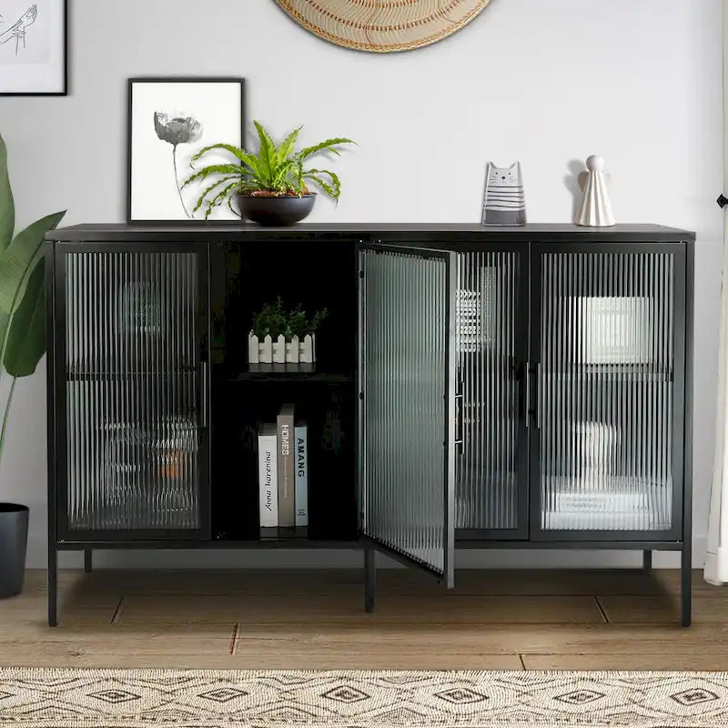 Bahut de cuisine 4 portes vitrées en verre trempé avec étagères et pieds réglables, anti-basculement, anti-poussière, en verre cannelé