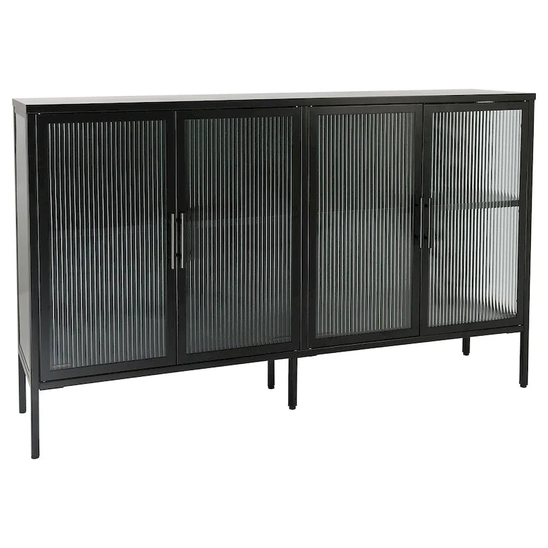 Bahut de cuisine 4 portes vitrées en verre trempé avec étagères et pieds réglables, anti-basculement, anti-poussière, en verre cannelé