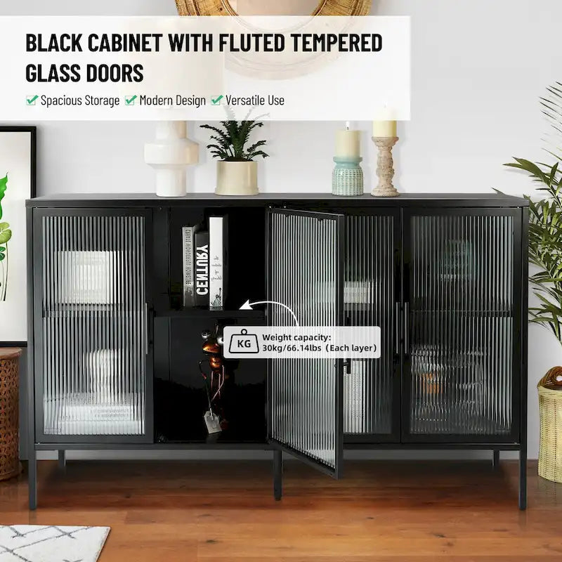 Bahut de cuisine 4 portes vitrées en verre trempé avec étagères et pieds réglables, anti-basculement, anti-poussière, en verre cannelé