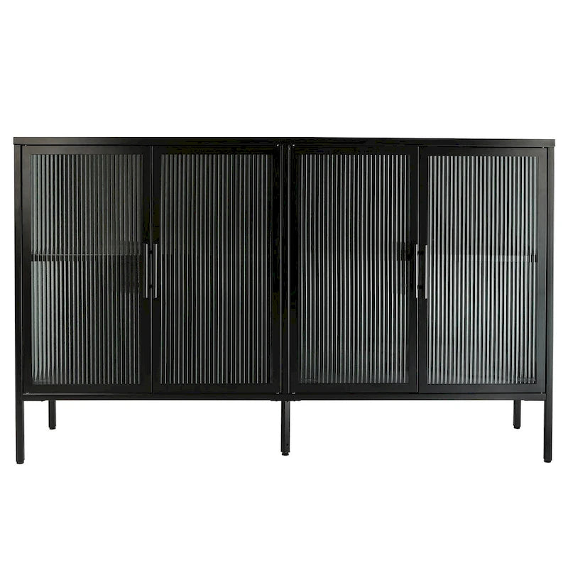 Bahut de cuisine 4 portes vitrées en verre trempé avec étagères et pieds réglables, anti-basculement, anti-poussière, en verre cannelé