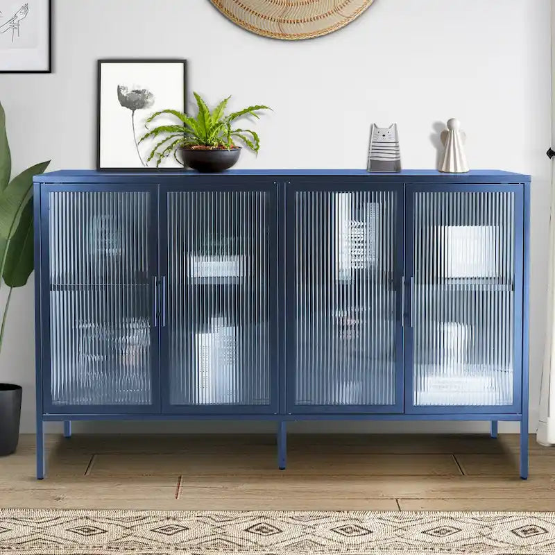 Bahut de cuisine 4 portes vitrées en verre trempé avec étagères et pieds réglables, anti-basculement, anti-poussière, en verre cannelé