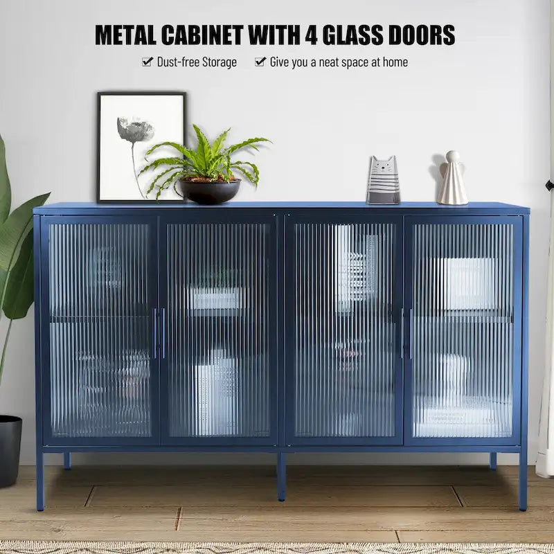 Bahut de cuisine 4 portes vitrées en verre trempé avec étagères et pieds réglables, anti-basculement, anti-poussière, en verre cannelé