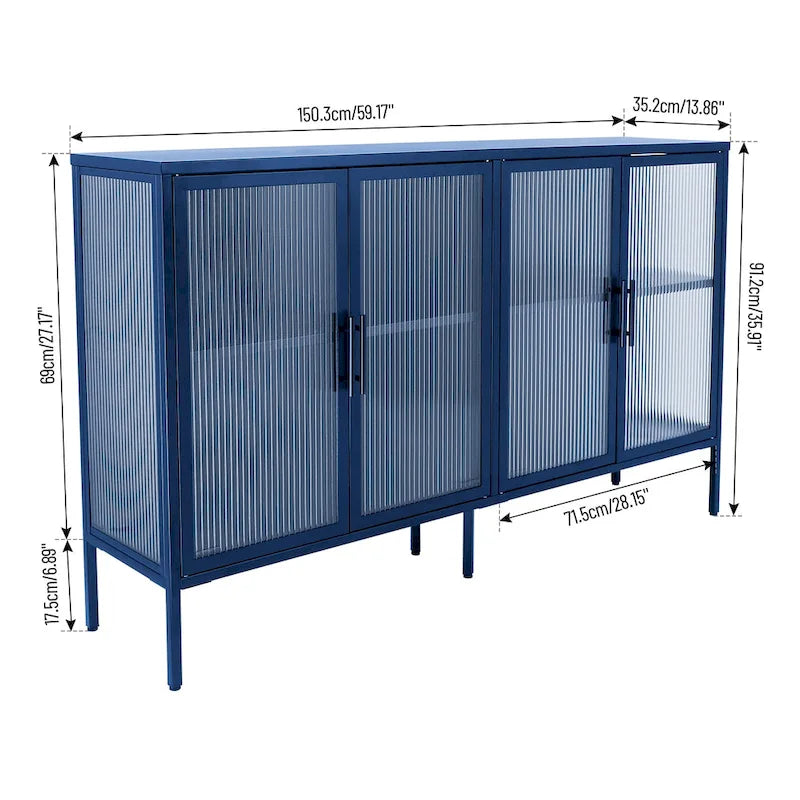 Bahut de cuisine 4 portes vitrées en verre trempé avec étagères et pieds réglables, anti-basculement, anti-poussière, en verre cannelé