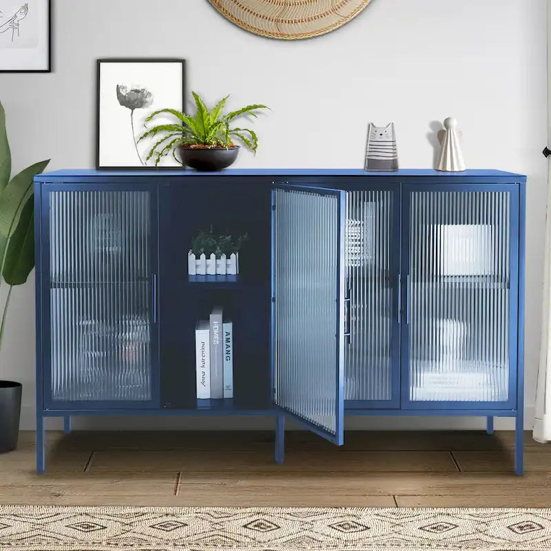 Bahut de cuisine 4 portes vitrées en verre trempé avec étagères et pieds réglables, anti-basculement, anti-poussière, en verre cannelé