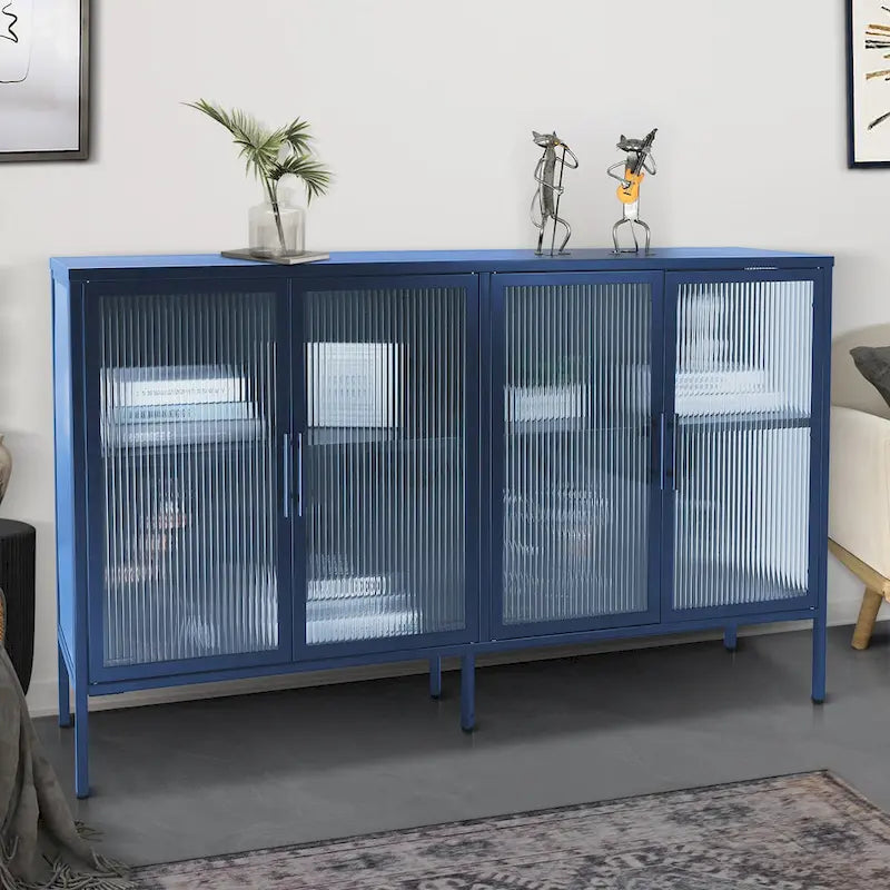 Bahut de cuisine 4 portes vitrées en verre trempé avec étagères et pieds réglables, anti-basculement, anti-poussière, en verre cannelé
