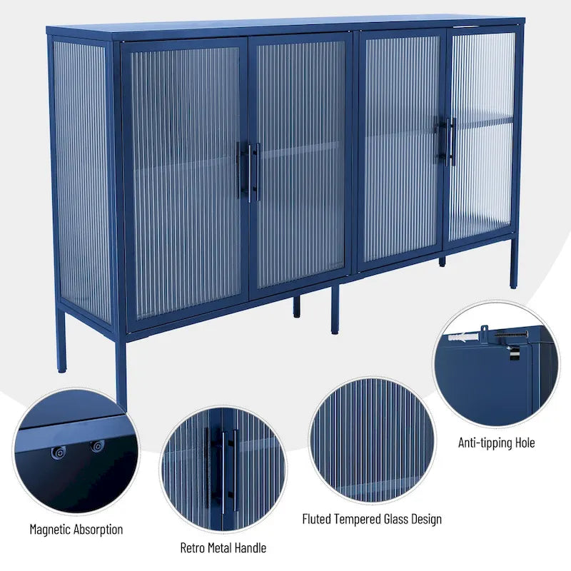 Bahut de cuisine 4 portes vitrées en verre trempé avec étagères et pieds réglables, anti-basculement, anti-poussière, en verre cannelé