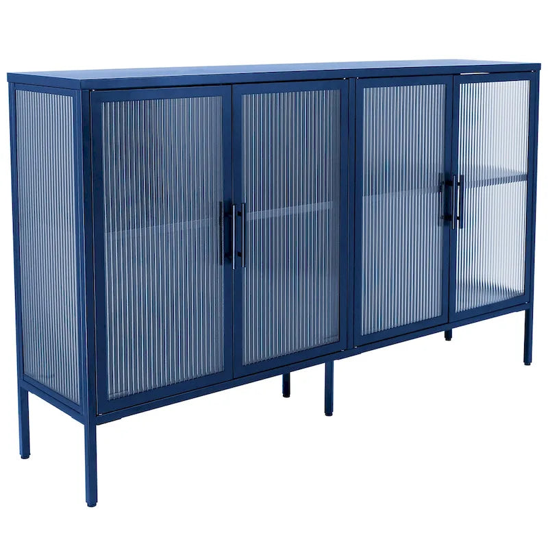Bahut de cuisine 4 portes vitrées en verre trempé avec étagères et pieds réglables, anti-basculement, anti-poussière, en verre cannelé