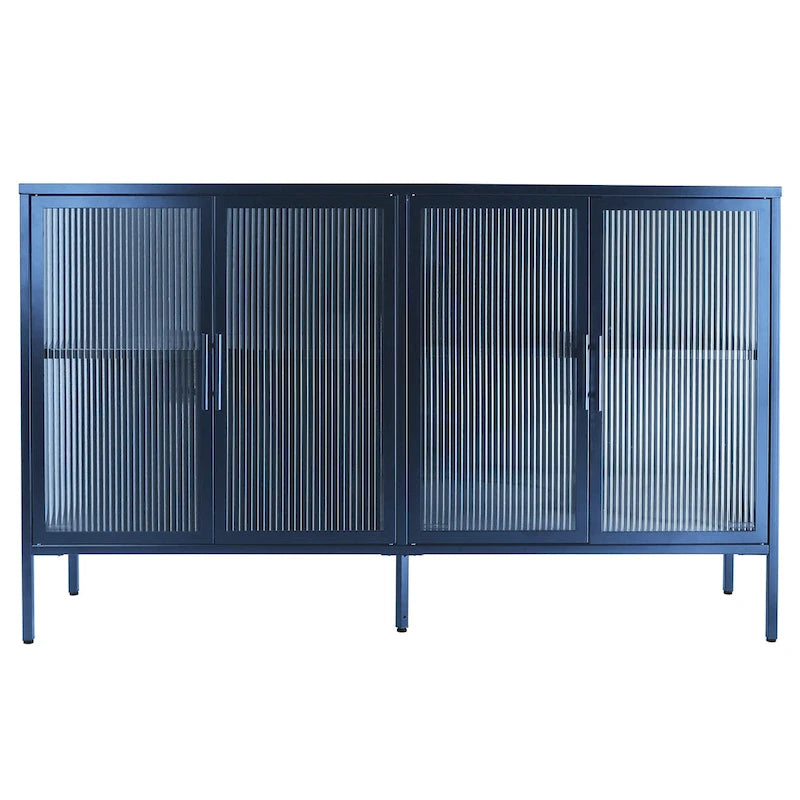 Bahut de cuisine 4 portes vitrées en verre trempé avec étagères et pieds réglables, anti-basculement, anti-poussière, en verre cannelé