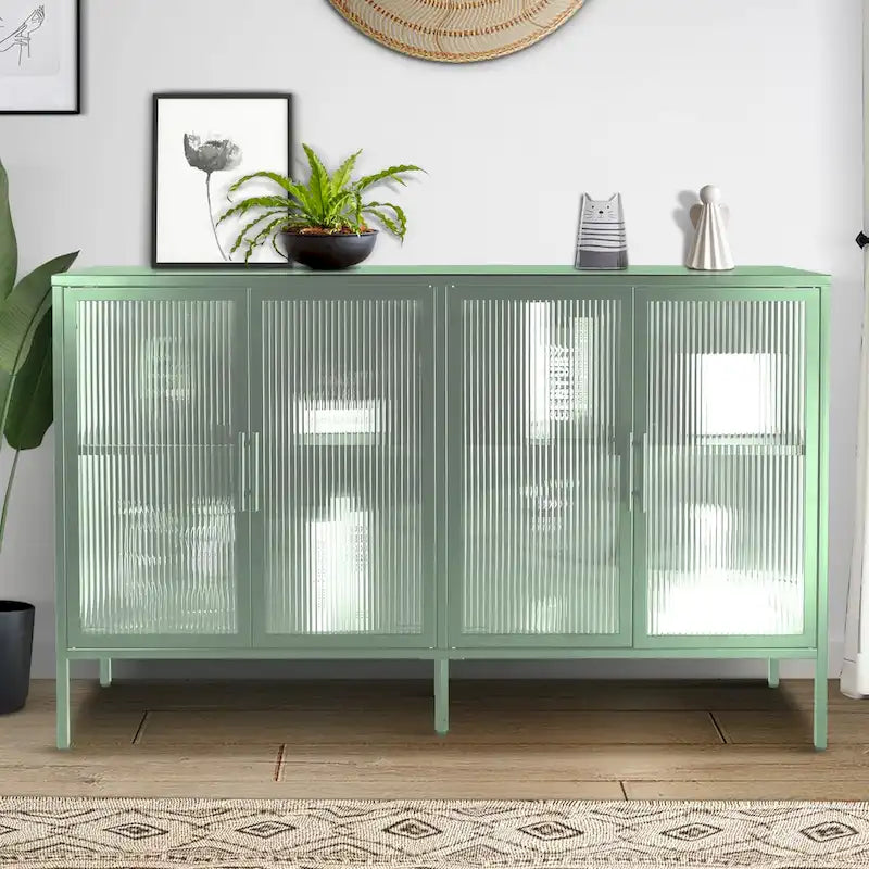 Bahut de cuisine 4 portes vitrées en verre trempé avec étagères et pieds réglables, anti-basculement, anti-poussière, en verre cannelé