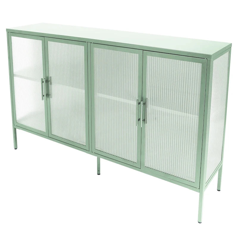 Bahut de cuisine 4 portes vitrées en verre trempé avec étagères et pieds réglables, anti-basculement, anti-poussière, en verre cannelé