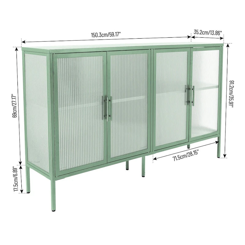 Bahut de cuisine 4 portes vitrées en verre trempé avec étagères et pieds réglables, anti-basculement, anti-poussière, en verre cannelé