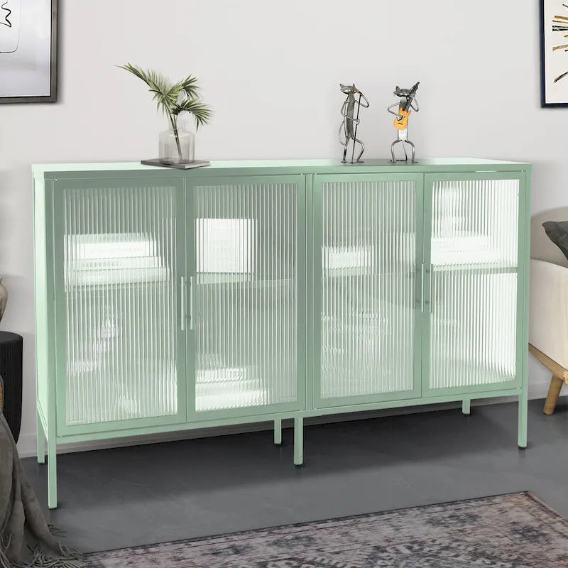 Bahut de cuisine 4 portes vitrées en verre trempé avec étagères et pieds réglables, anti-basculement, anti-poussière, en verre cannelé