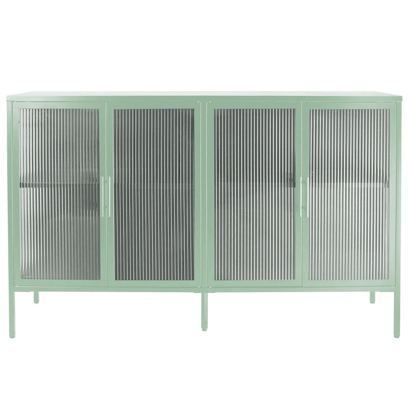Bahut de cuisine 4 portes vitrées en verre trempé avec étagères et pieds réglables, anti-basculement, anti-poussière, en verre cannelé