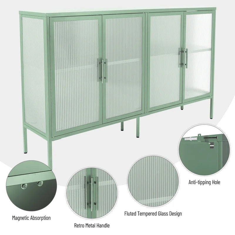 Bahut de cuisine 4 portes vitrées en verre trempé avec étagères et pieds réglables, anti-basculement, anti-poussière, en verre cannelé