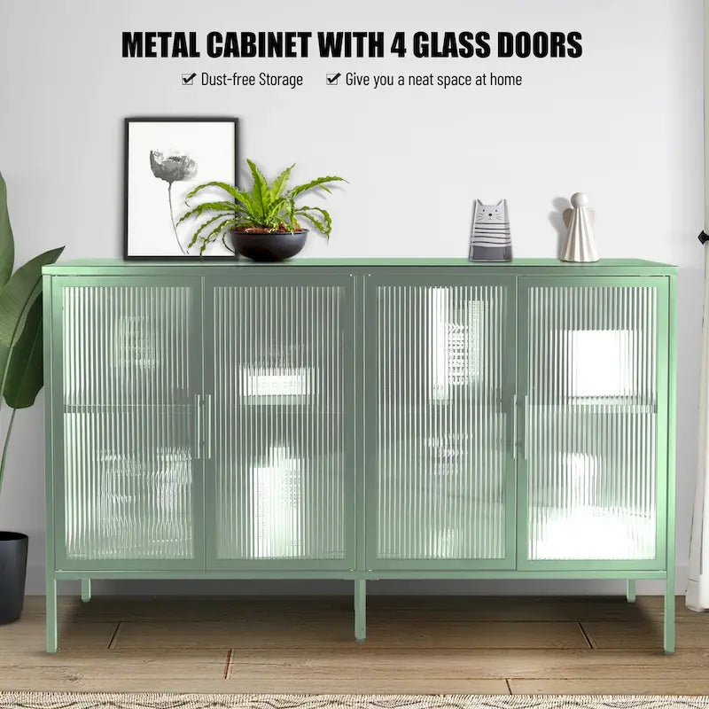Bahut de cuisine 4 portes vitrées en verre trempé avec étagères et pieds réglables, anti-basculement, anti-poussière, en verre cannelé