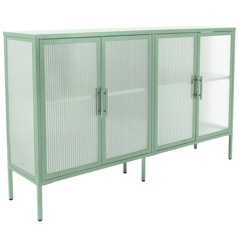 Bahut de cuisine 4 portes vitrées en verre trempé avec étagères et pieds réglables, anti-basculement, anti-poussière, en verre cannelé