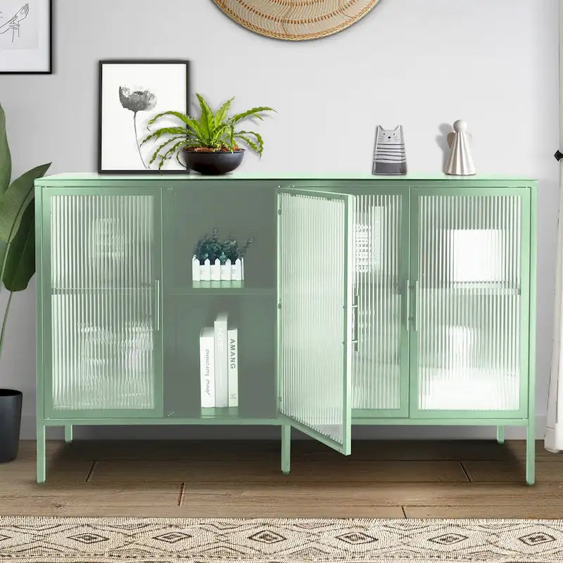 Bahut de cuisine 4 portes vitrées en verre trempé avec étagères et pieds réglables, anti-basculement, anti-poussière, en verre cannelé