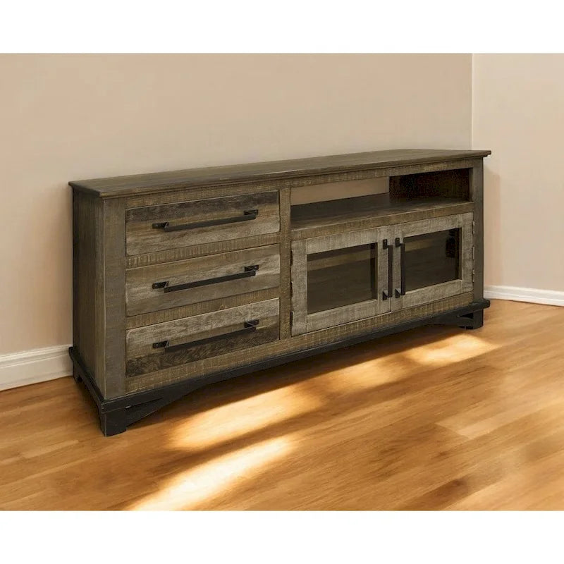 Meuble TV de 61 pouces en bois massif marron avec rangement fermé et finition vieillie
