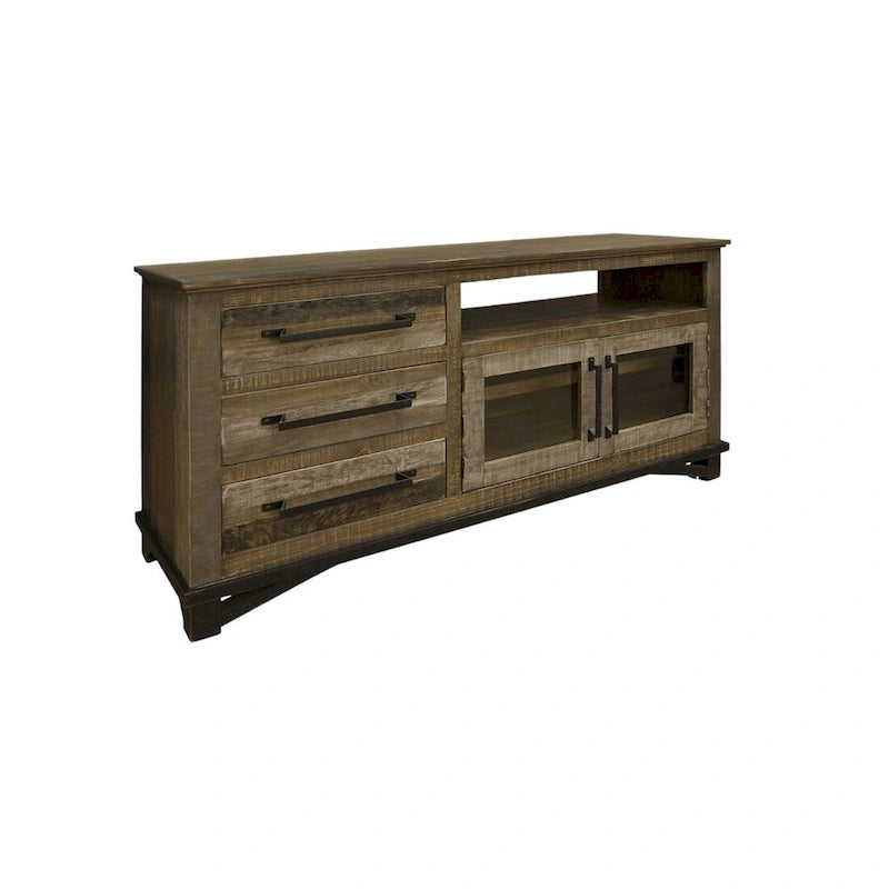 Meuble TV de 61 pouces en bois massif marron avec rangement fermé et finition vieillie
