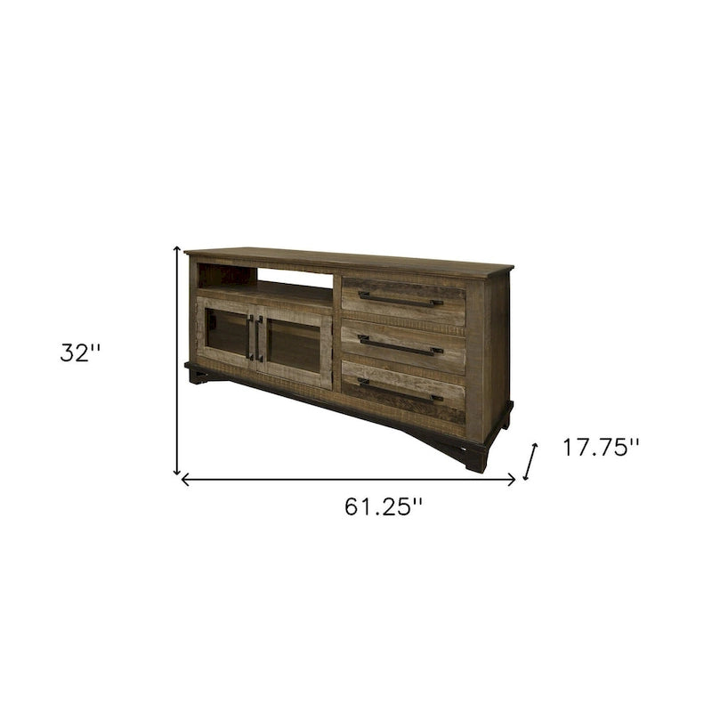Meuble TV de 61 pouces en bois massif marron avec rangement fermé et finition vieillie