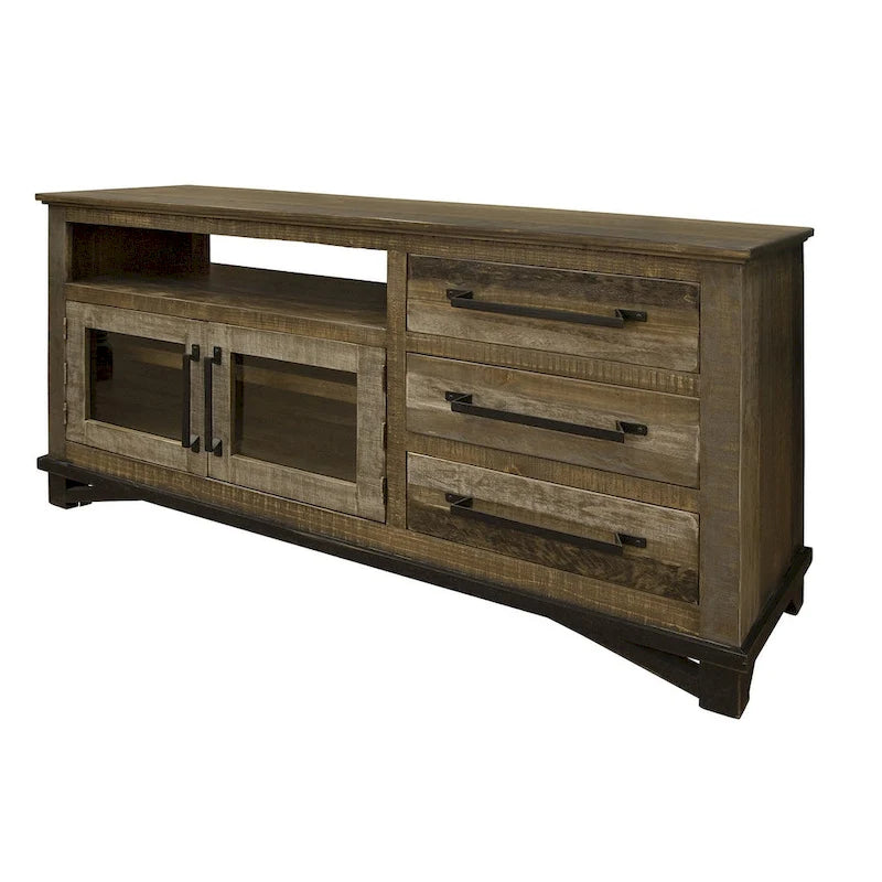 Meuble TV de 61 pouces en bois massif marron avec rangement fermé et finition vieillie