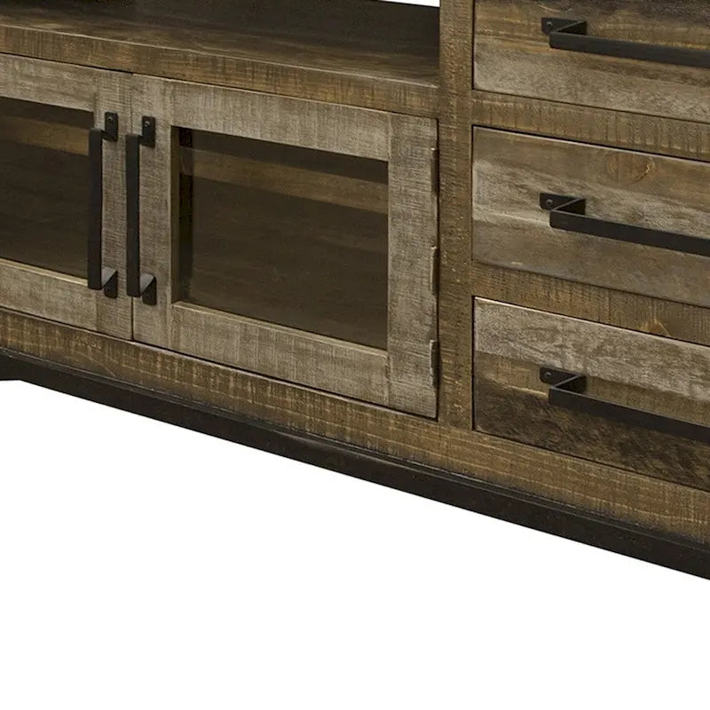 Meuble TV de 61 pouces en bois massif marron avec rangement fermé et finition vieillie