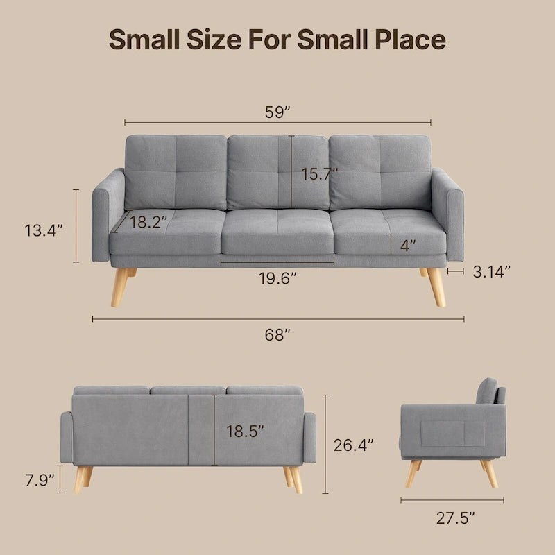 Canapé 67 avec accoudoirs moelleux, petit canapé avec 3 coussins confortables, canapé 3 places pour salon