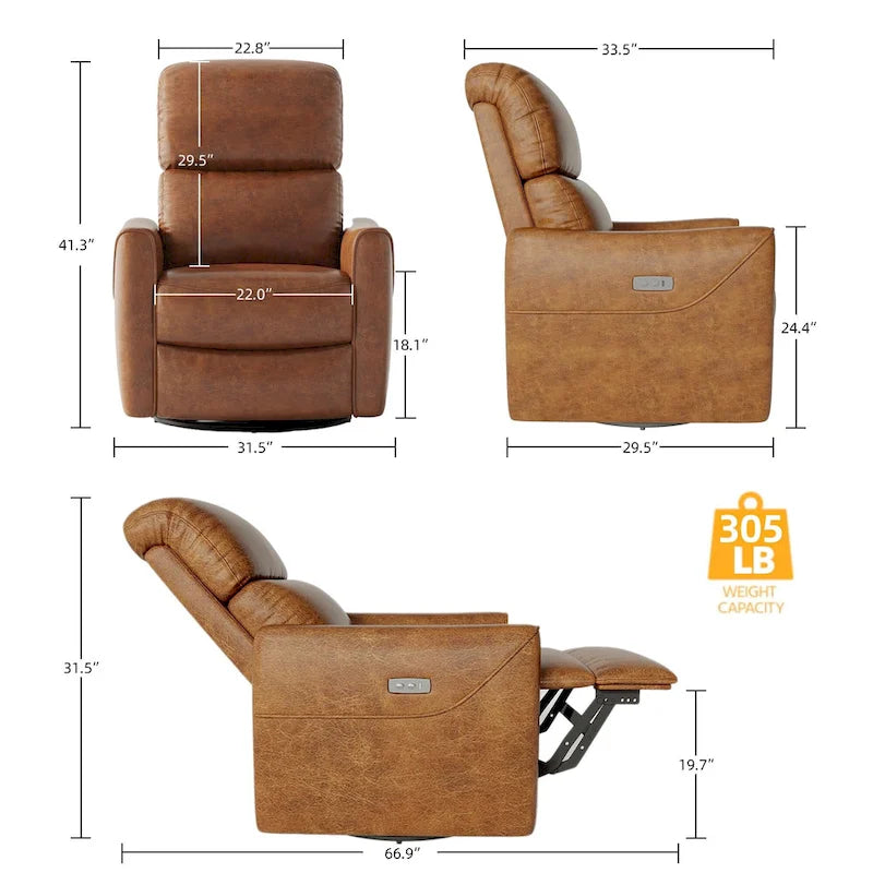 Fauteuil inclinable électrique pivotant et coulissant en similicuir avec soutien lombaire et port USB