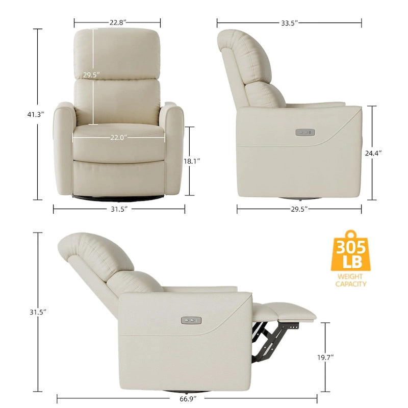 Fauteuil inclinable électrique pivotant et coulissant en similicuir avec soutien lombaire et port USB