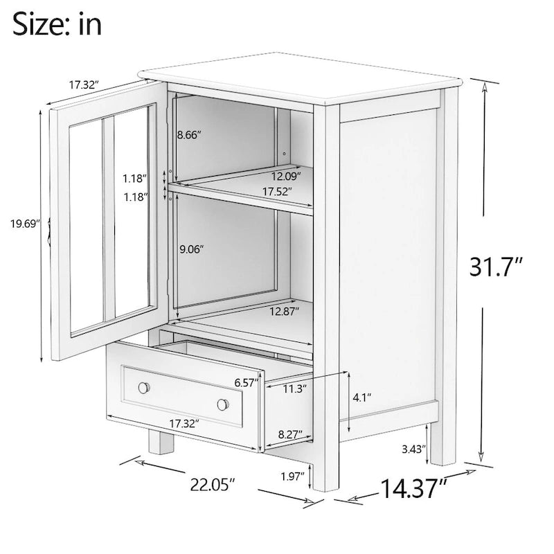 Meuble de rangement buffet avec portes vitrées et poignée cloche unique - 22,05x14,37x31,69