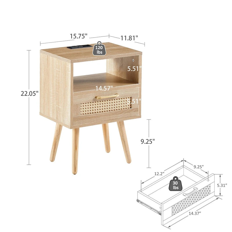 15.75Table d'appoint en rotin avec prise électrique et ports USBTable de chevet moderne avec tiroir et pieds en bois massif, table d'appoint pour salon