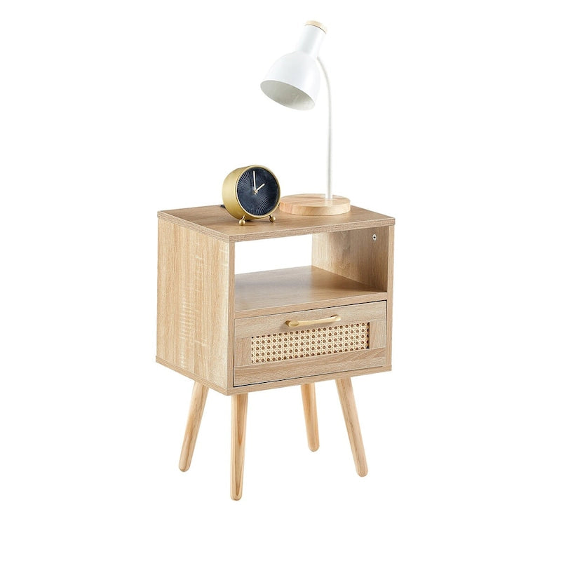 15.75Table d'appoint en rotin avec prise électrique et ports USBTable de chevet moderne avec tiroir et pieds en bois massif, table d'appoint pour salon