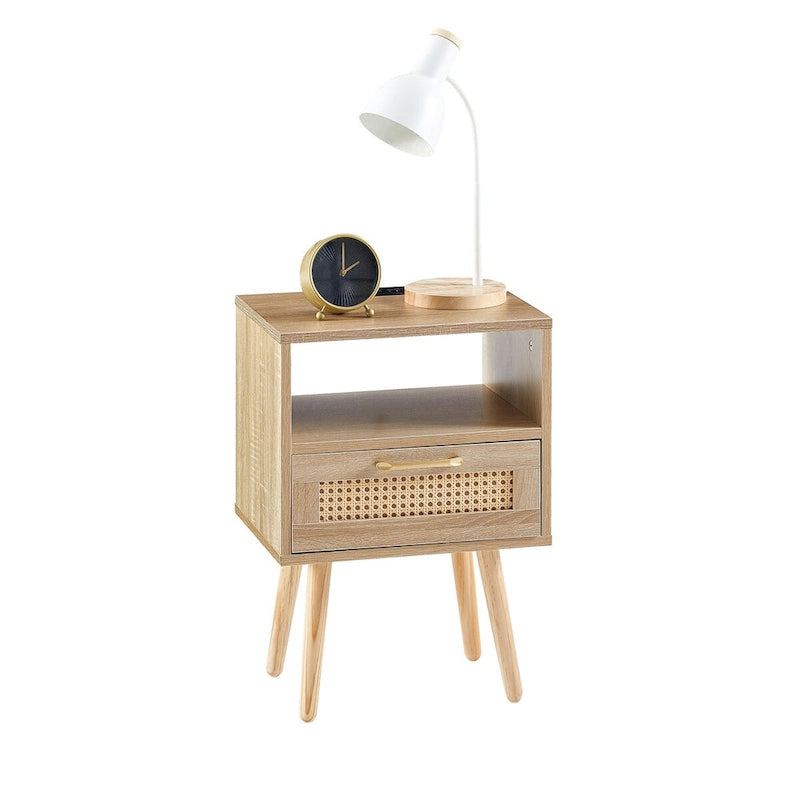 15.75Table d'appoint en rotin avec prise électrique et ports USBTable de chevet moderne avec tiroir et pieds en bois massif, table d'appoint pour salon