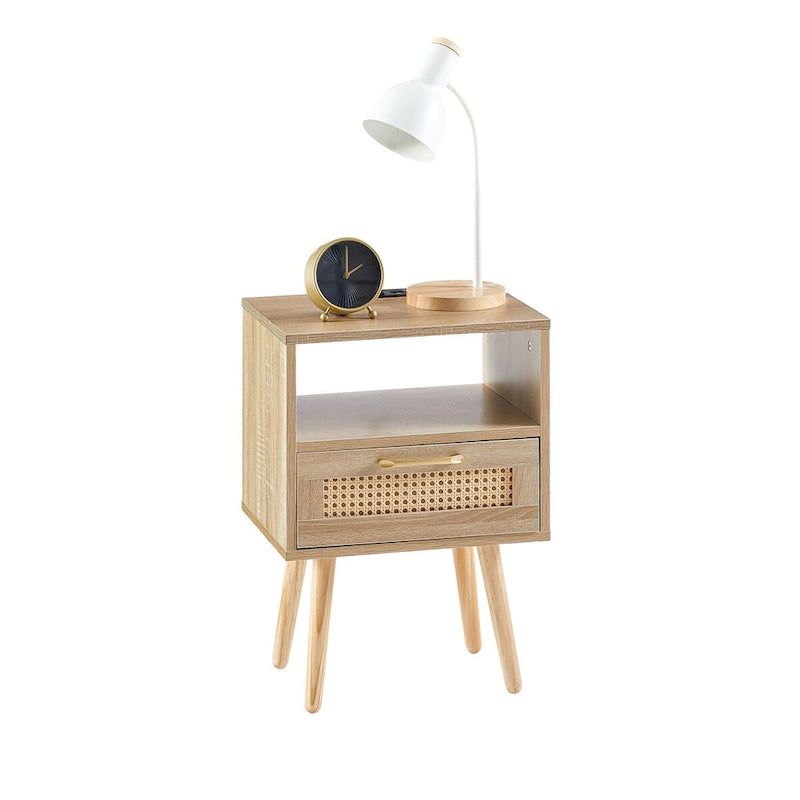 15.75Table d'appoint en rotin avec prise électrique et ports USBTable de chevet moderne avec tiroir et pieds en bois massif, table d'appoint pour salon