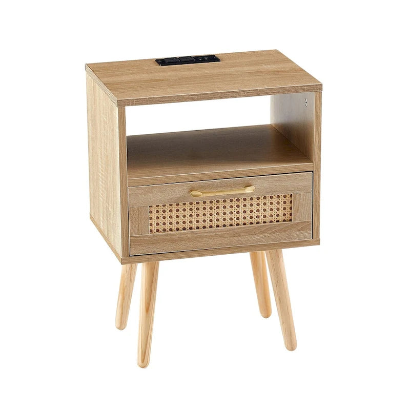 15.75Table d'appoint en rotin avec prise électrique et ports USBTable de chevet moderne avec tiroir et pieds en bois massif, table d'appoint pour salon
