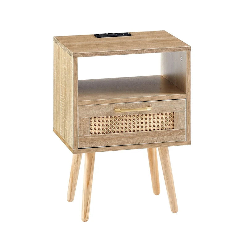 15.75Table d'appoint en rotin avec prise électrique et ports USBTable de chevet moderne avec tiroir et pieds en bois massif, table d'appoint pour salon