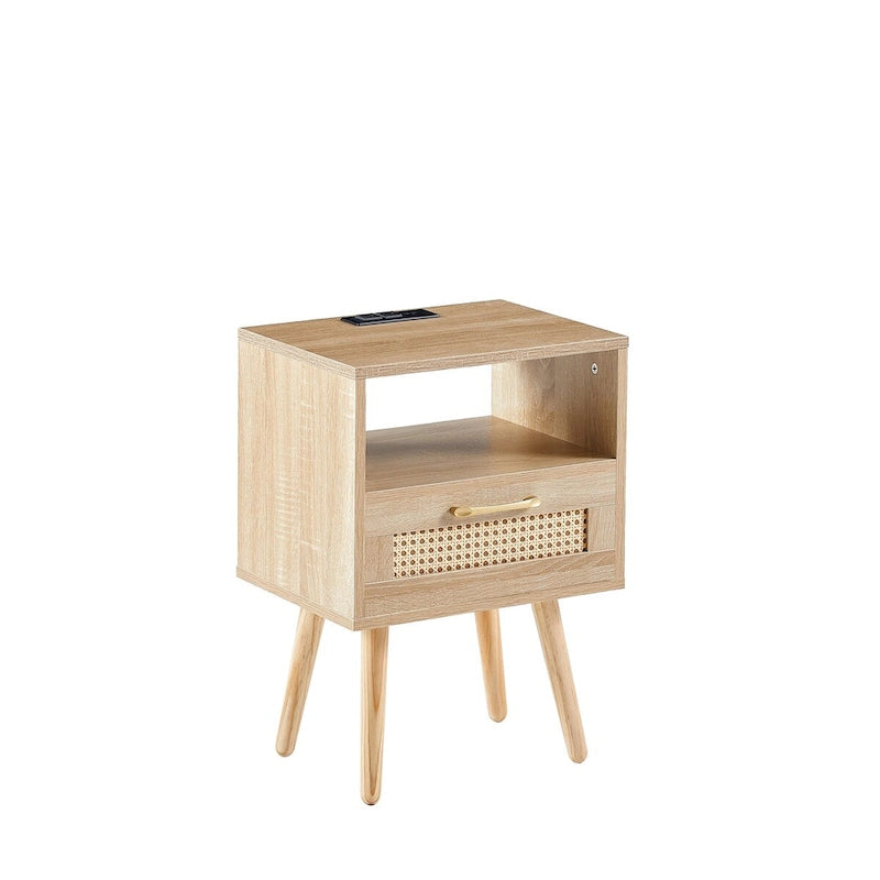 15.75Table d'appoint en rotin avec prise électrique et ports USBTable de chevet moderne avec tiroir et pieds en bois massif, table d'appoint pour salon